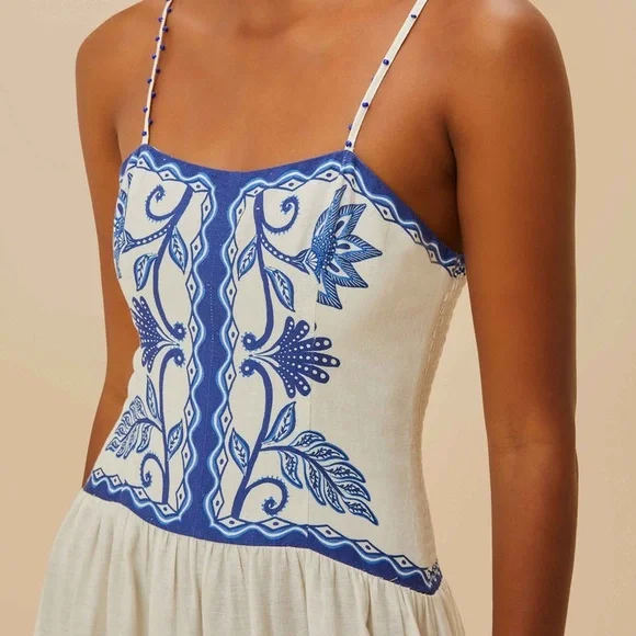 NEW FARM Rio Off-White Shell Garden
Midi Dress Beaded Straps Linen Blue Size XL - Picture 3 of 16